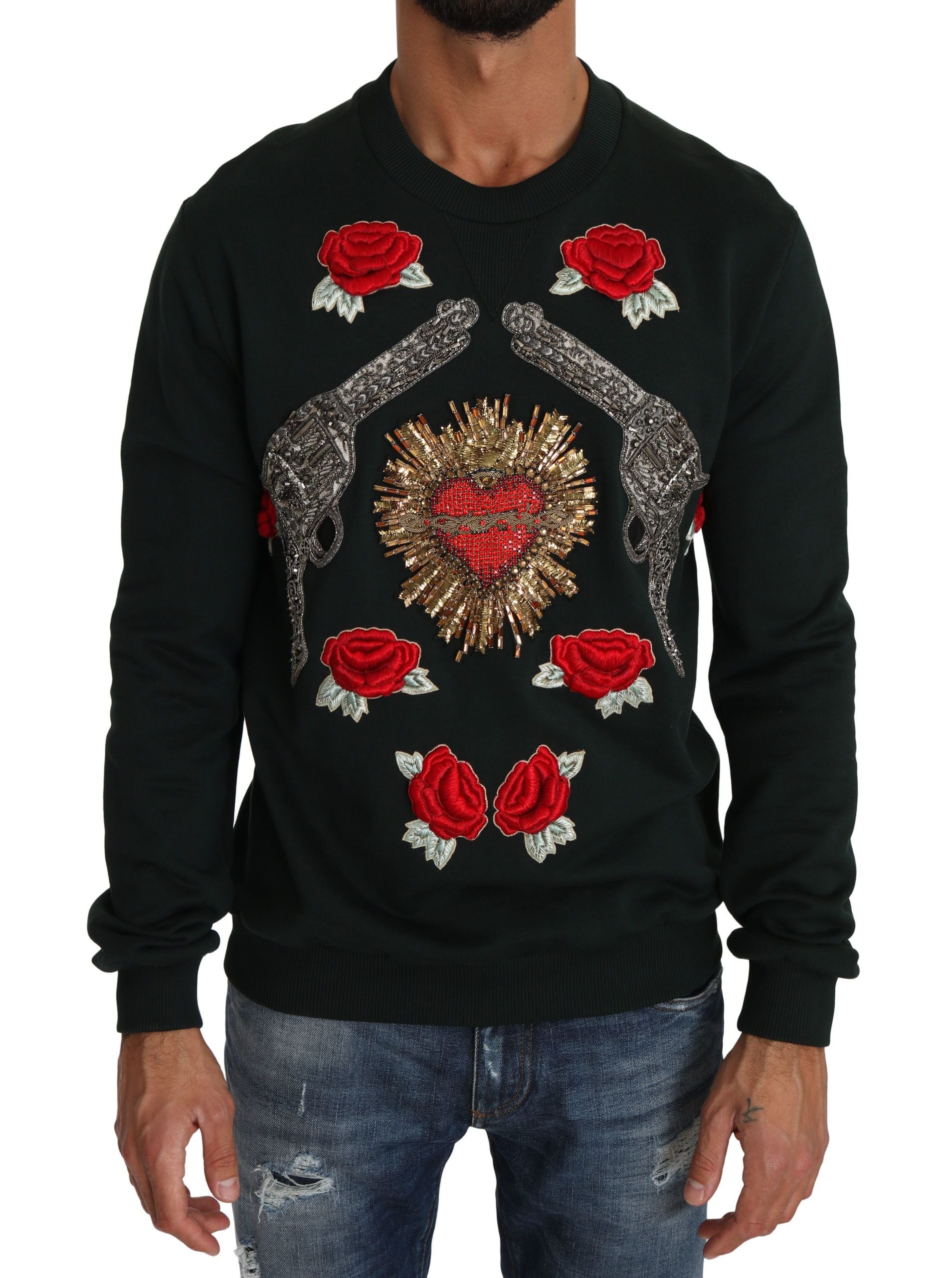 Pull Dolce & Gabbana vert avec cœur en cristal, motifs de roses et design en laine, élégant et coloré.