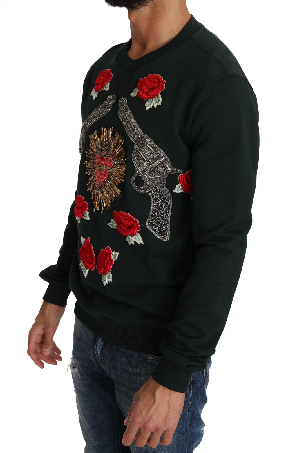 Pull Dolce & Gabbana en laine vert avec cœur en cristal, roses brodées et détails en métal, style élégant et sophistiqué.