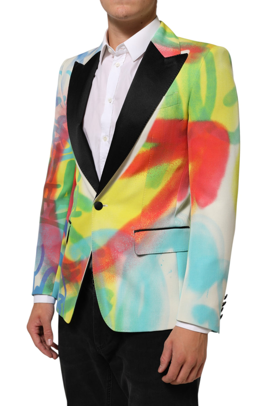 Costume blazer pour homme Dolce & Gabbana Graffiti SICILIA multicolore avec bouton unique, style élégant et moderne.