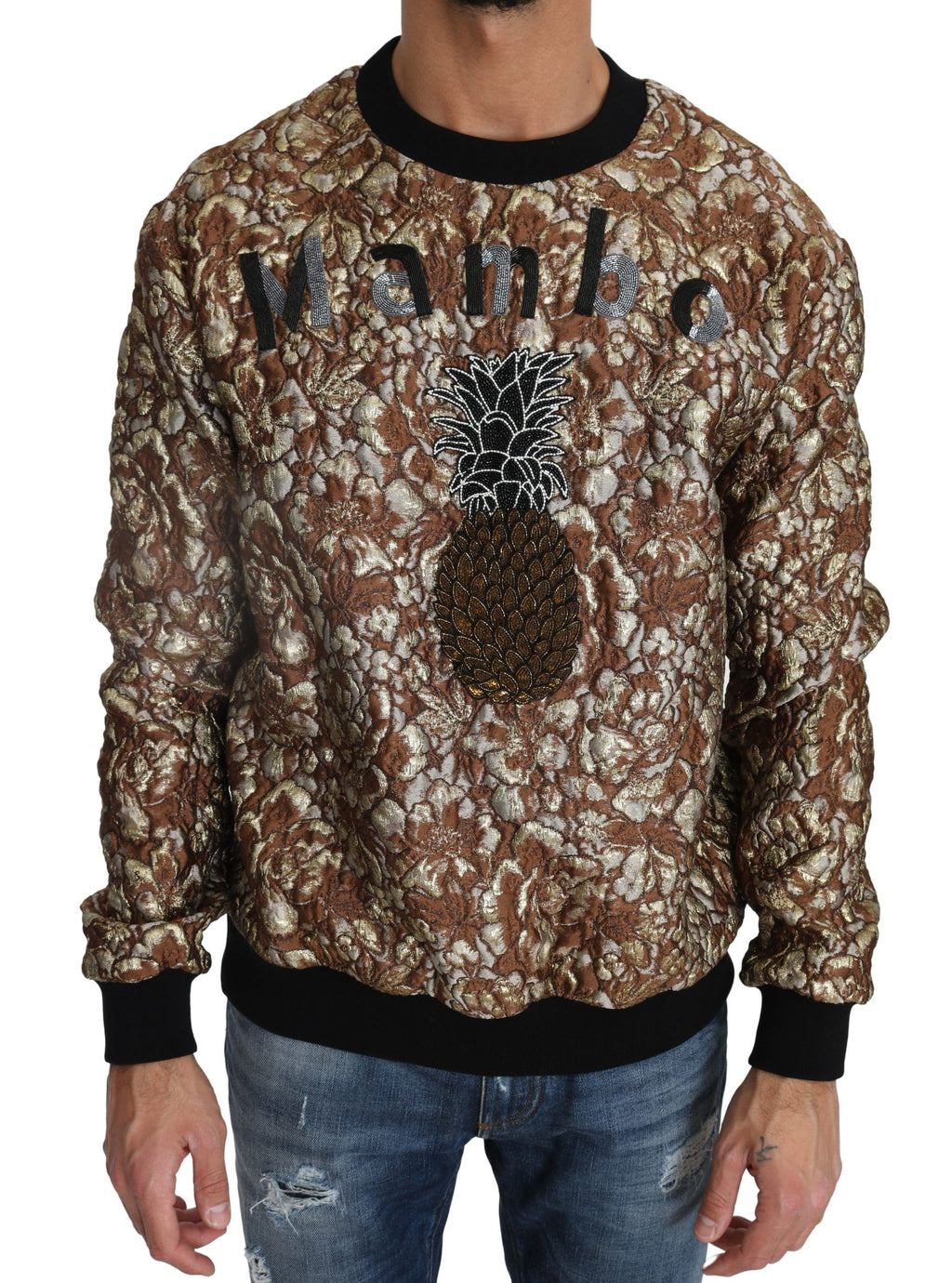 Pull Dolce & Gabbana MAMBO en jacquard multicolore avec motif ananas, col rond et manches longues.