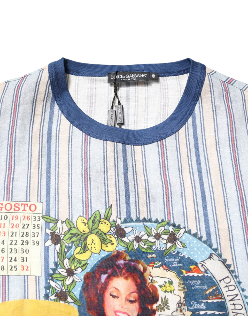 T-shirt en lin à rayures multicolores de Dolce & Gabbana avec col rond, style pin-up, pour femme.