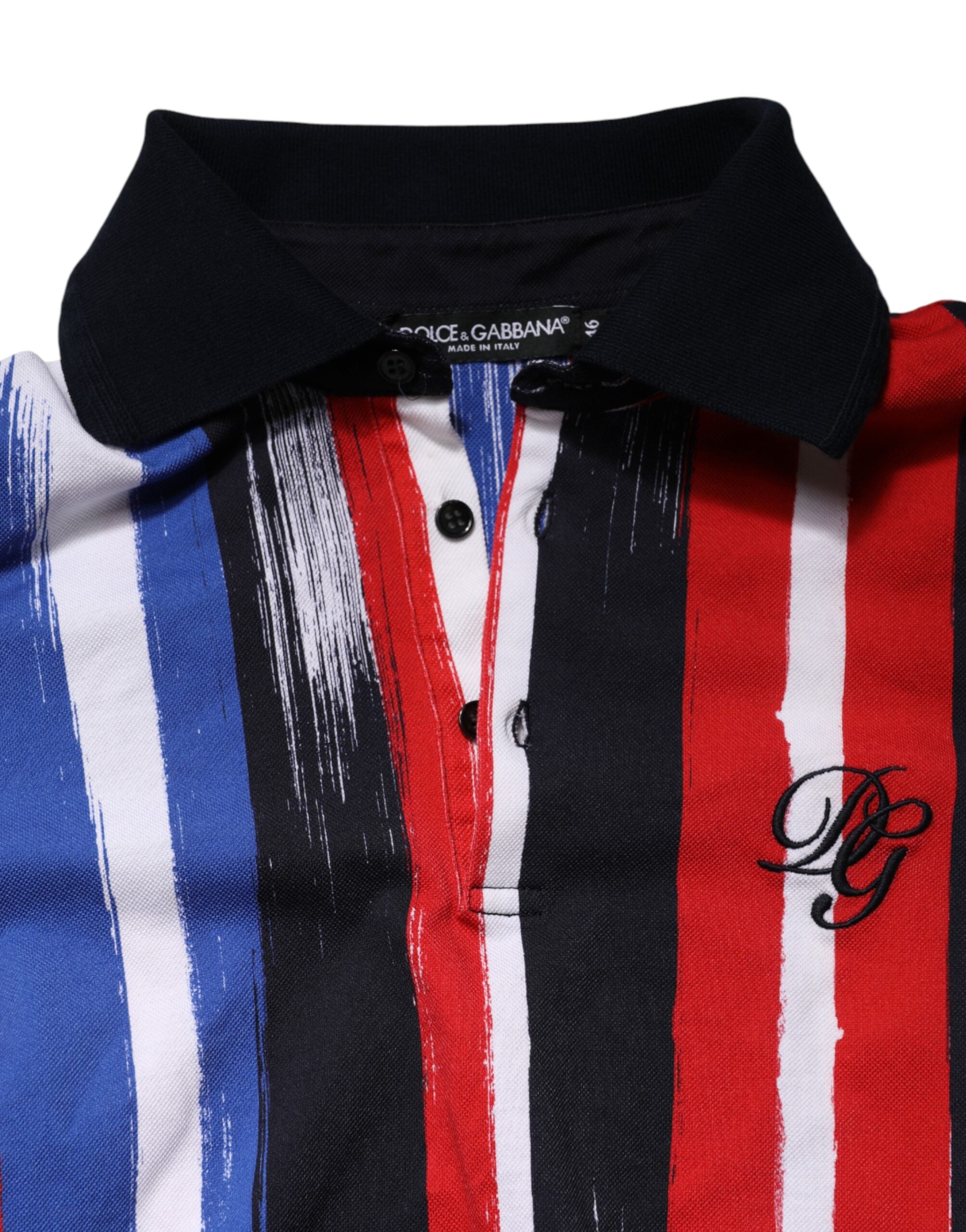 T-shirt polo pour homme Dolce & Gabbana en coton avec rayures multicolores, mode élégante et décontractée.