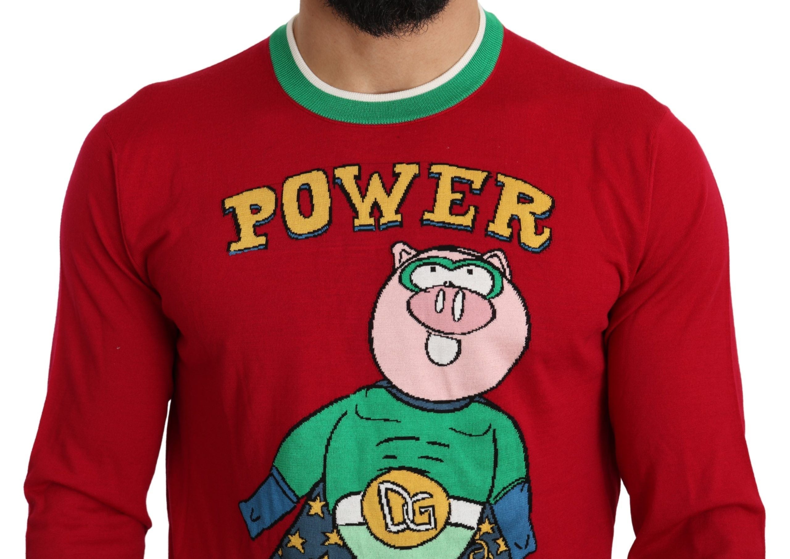 Pull Dolce & Gabbana en laine et soie rouge avec motif de cochon, style original et élégant, visible sur ce sweat.