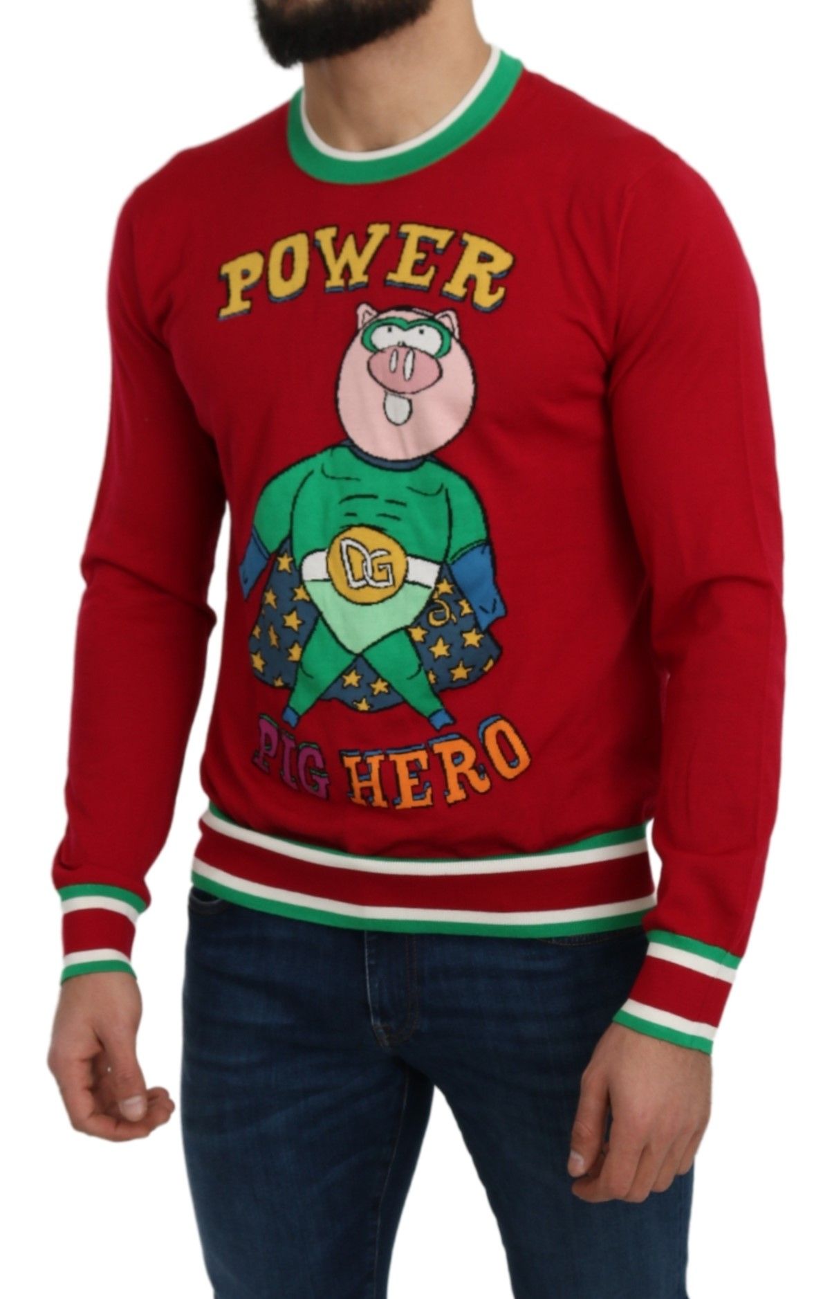 Pull Dolce & Gabbana en laine et soie rouge avec motif de cochon pour l'année, détail visible sur l'image.