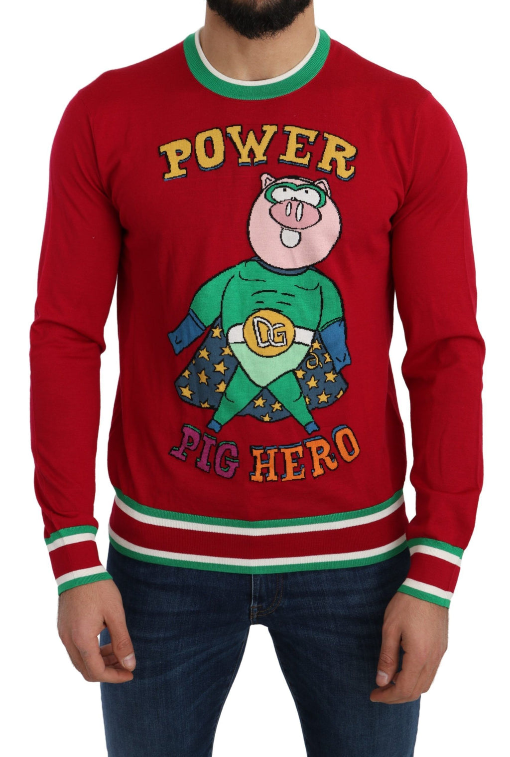Pull en laine et soie rouge Dolce & Gabbana avec motif cochon de l'année, détails élégants et texture visible.