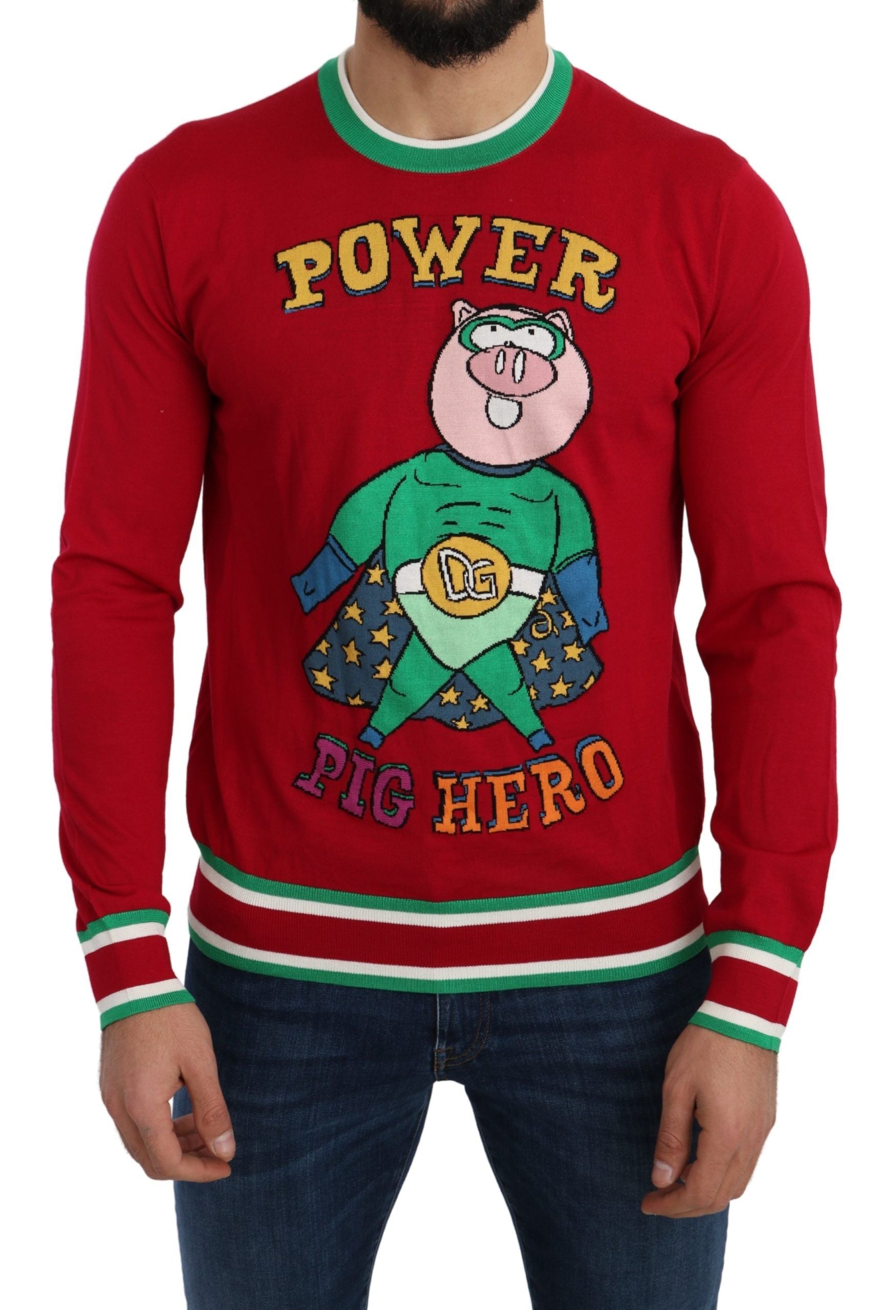 Pull en laine et soie rouge Dolce & Gabbana avec motif cochon de l'année, détails élégants et texture visible.