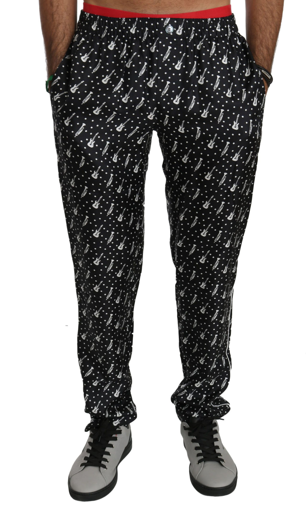 Pantalon en soie noir de Dolce & Gabbana, style musical instrument, coupe élégante, détail sophistiqué.