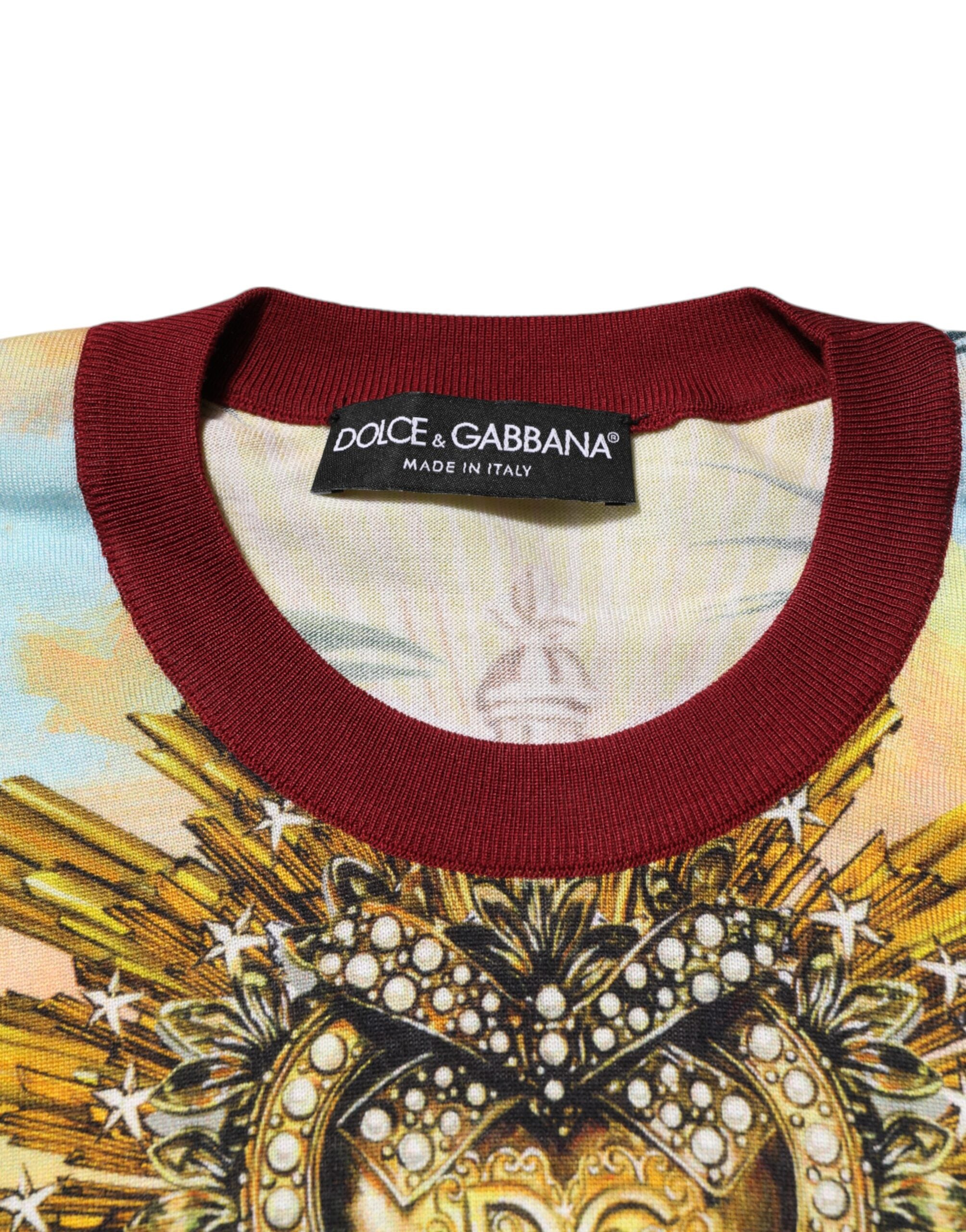 Pull en soie Dolce & Gabbana Tropical Heart Crown, motif cœur tropical, pull en maille élégant pour femmes.