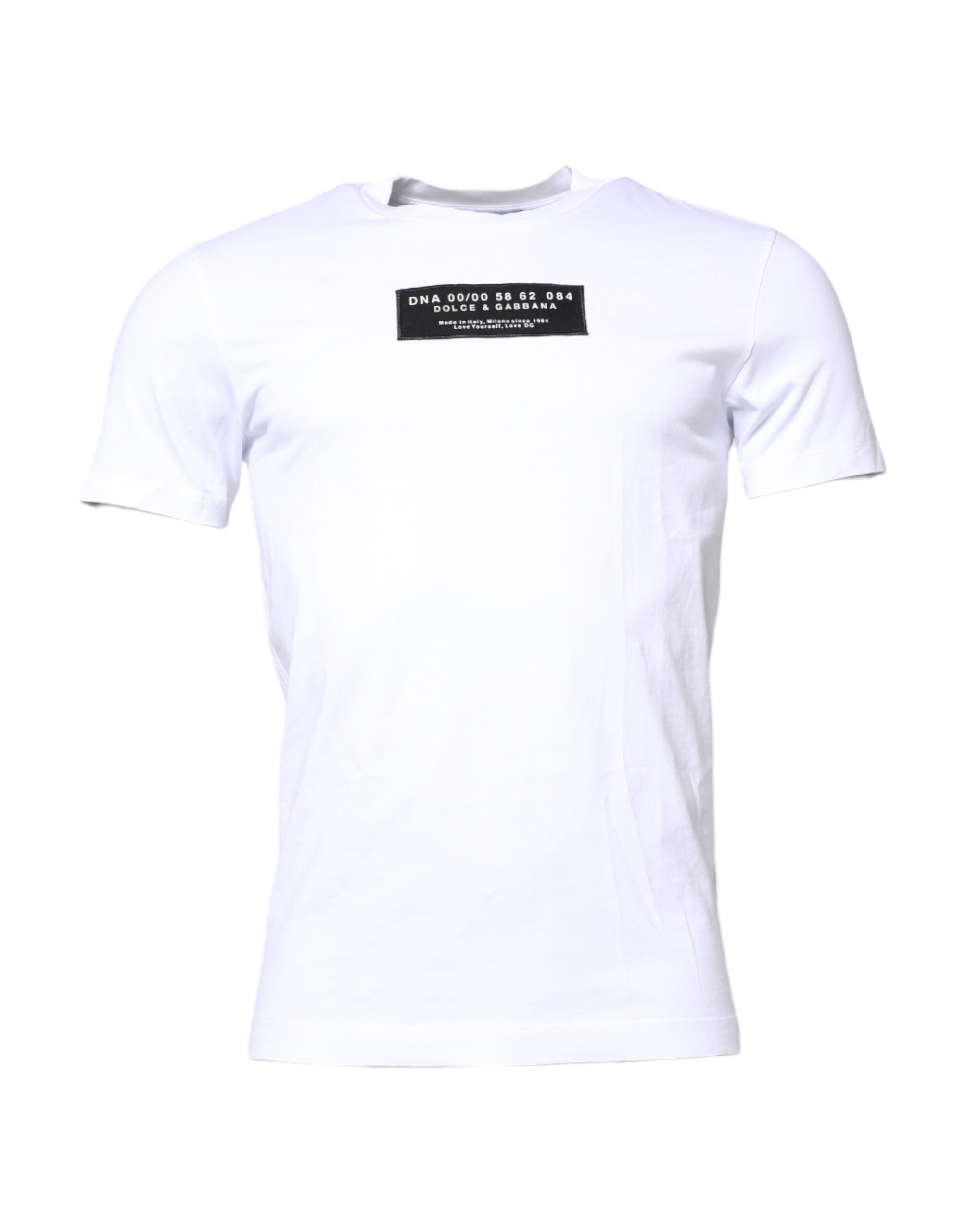 T-shirt Dolce & Gabbana en coton blanc avec patch logo sur le col ras du cou, vue de face.