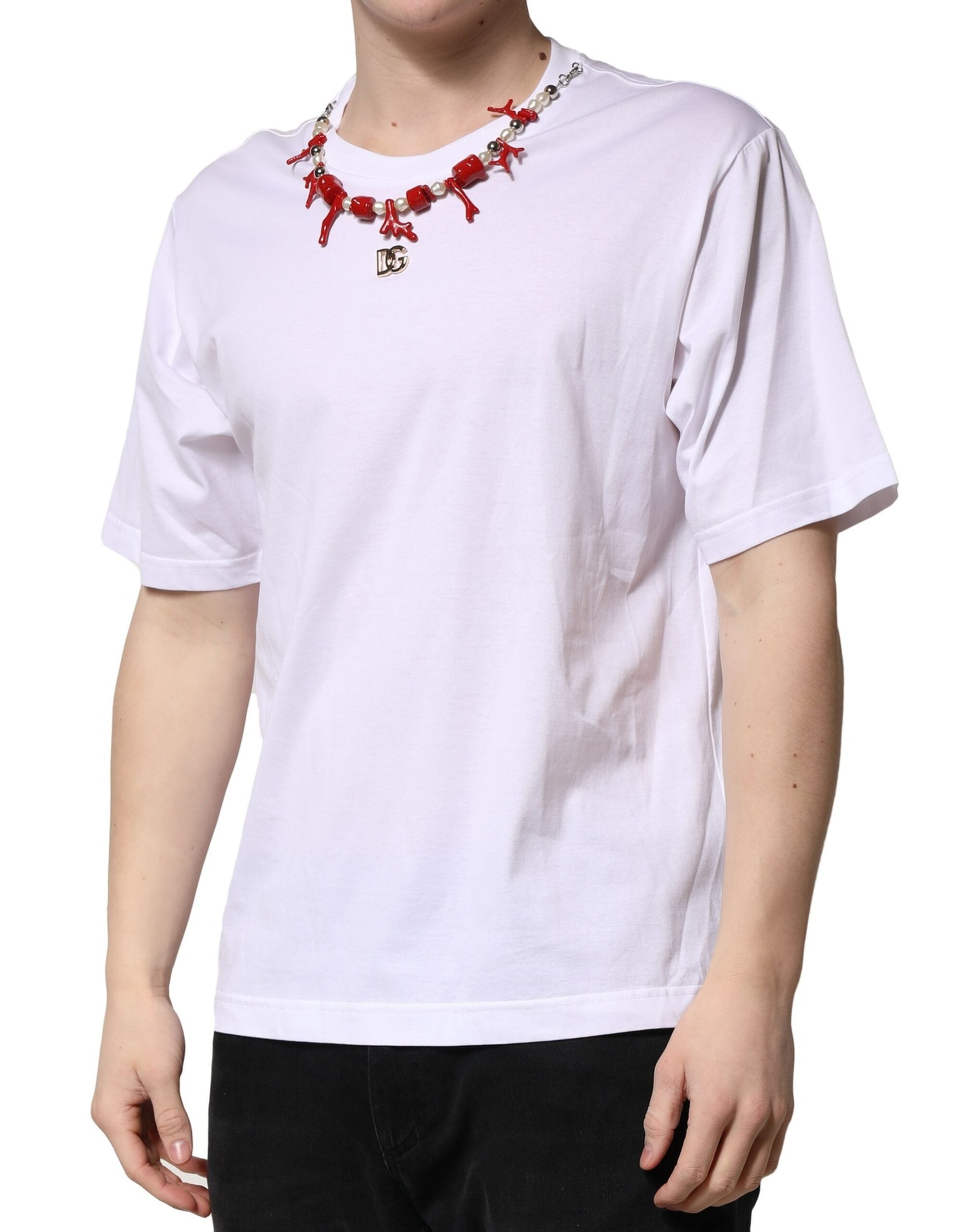 T-shirt blanc en coton Dolce & Gabbana à col ras du cou avec embellissements, vue de face.