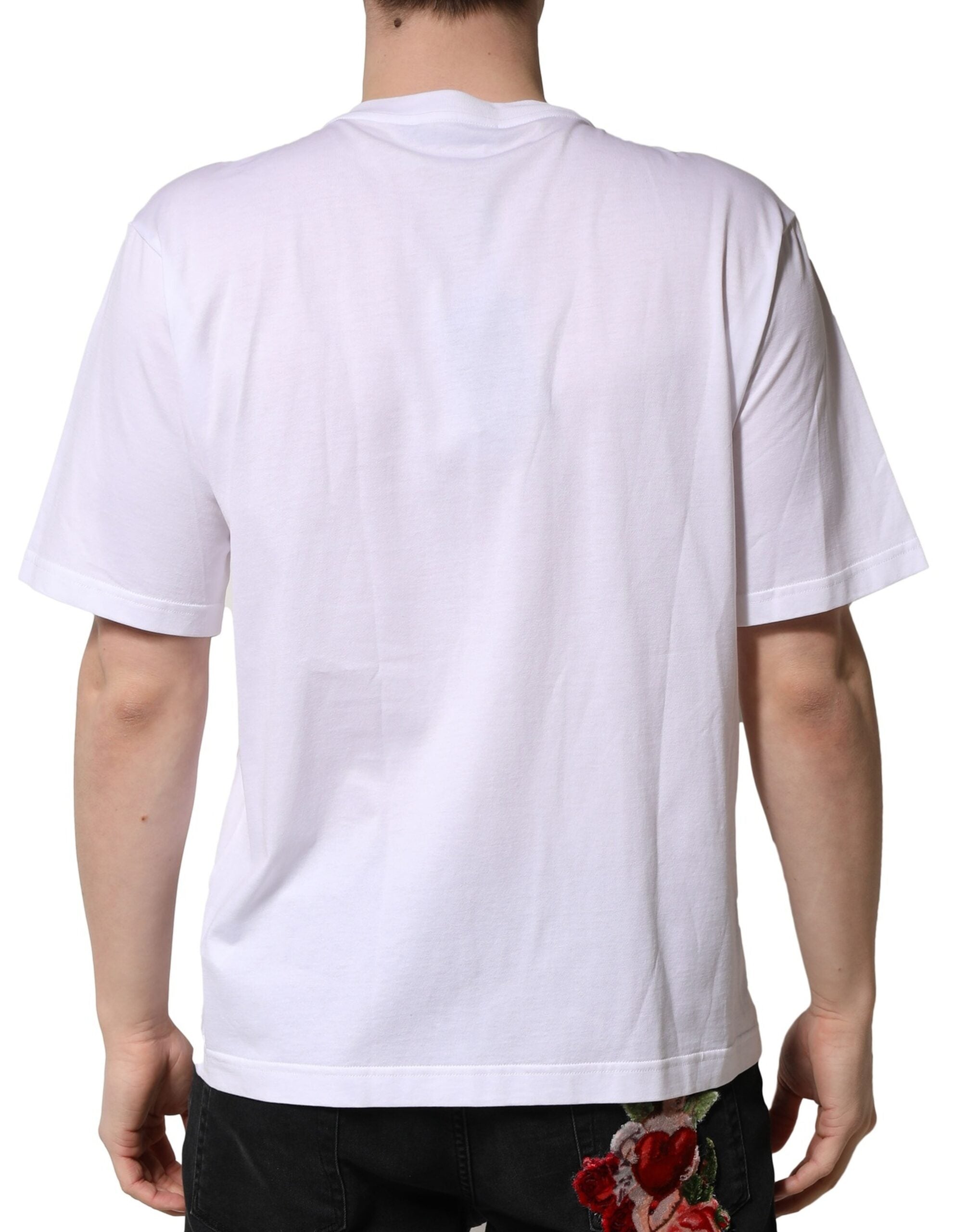 T-shirt blanc en coton Dolce & Gabbana avec embellissements, col rond, élégance moderne et détails sophistiqués.