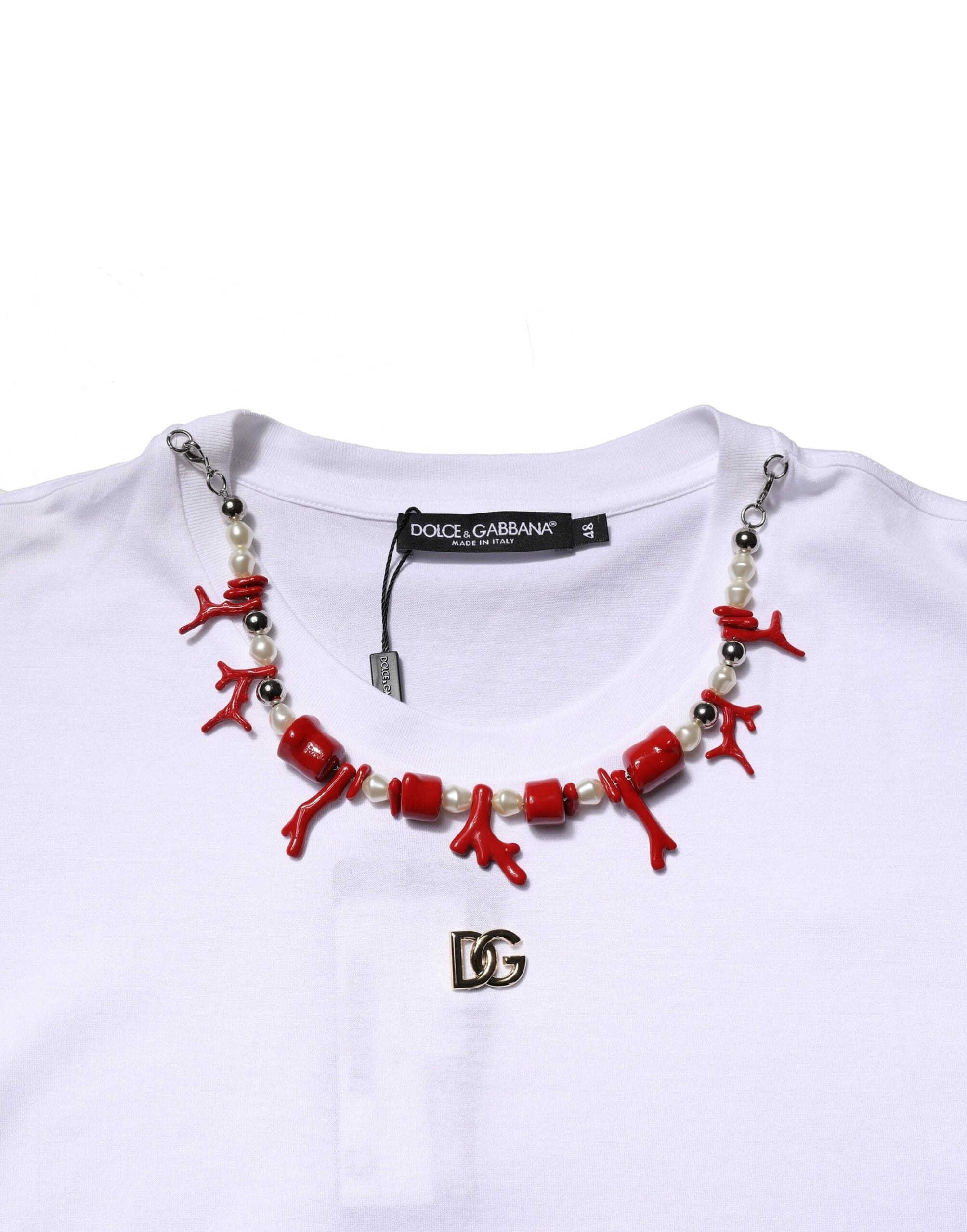 T-shirt blanc en coton Dolce & Gabbana avec embellissements, col rond, style décontracté et élégant, pour femme.