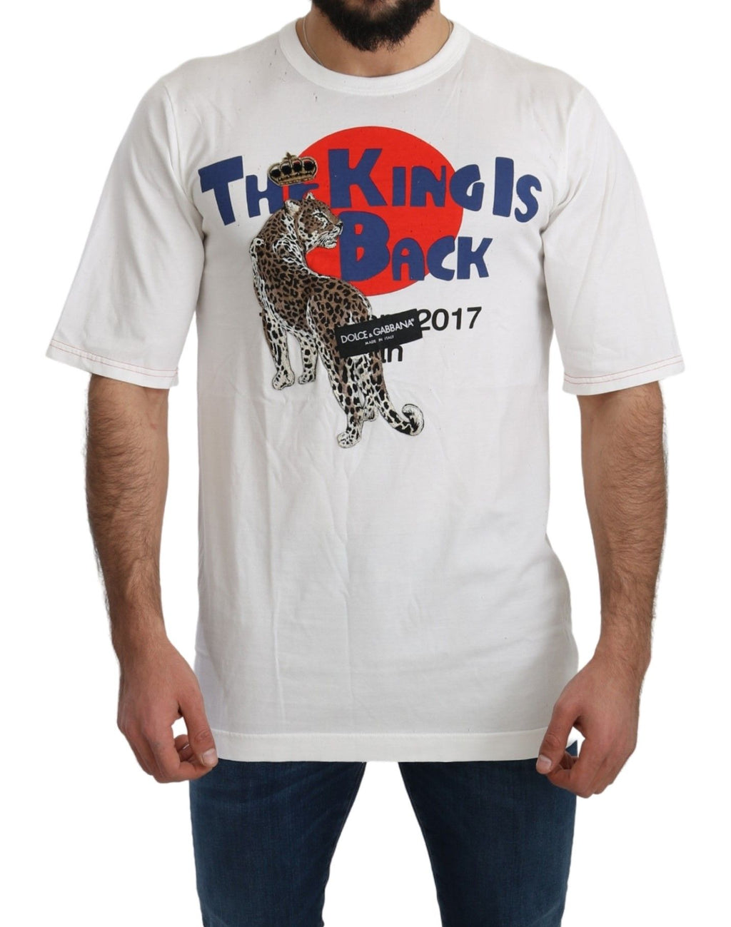 T-shirt blanc Dolce & Gabbana avec motif léopard royal, coupe classique et détails élégants.