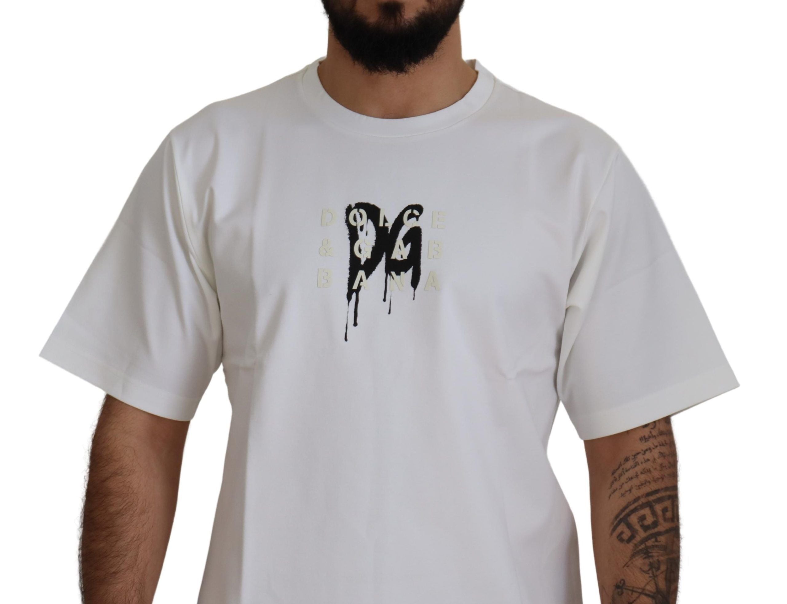 T-shirt en coton blanc Dolce & Gabbana avec logo imprimé, col rond et style décontracté, vue de face.