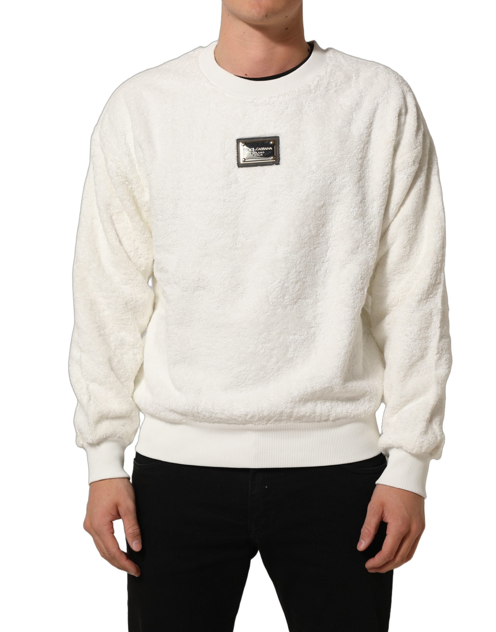 Sweatshirt blanc Dolce & Gabbana à logo, col rond, en coton, avec plaque logo visible, style décontracté et élégant.
