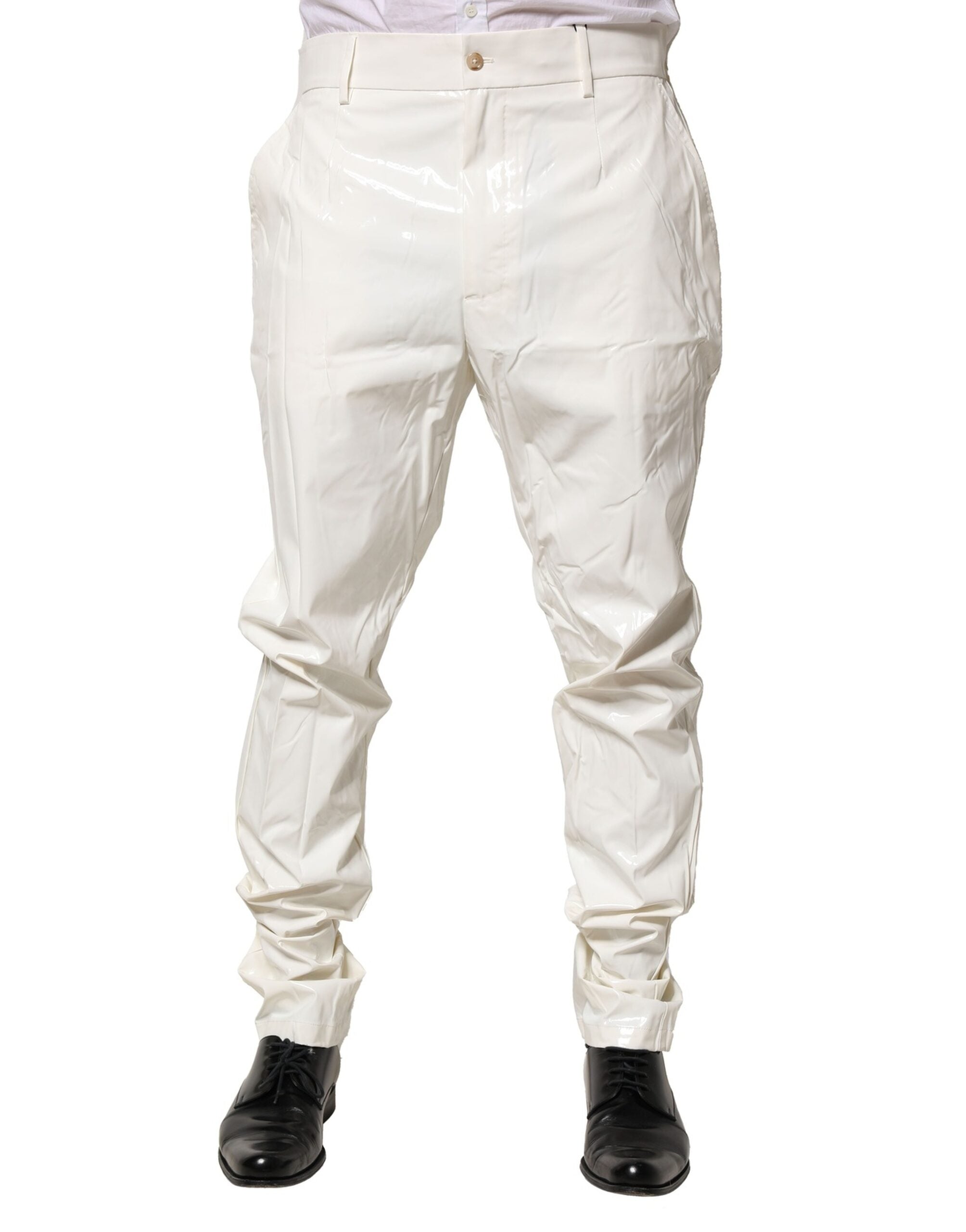 Pantalon homme Dolce & Gabbana en nylon blanc, coupe tapered, style élégant et moderne.