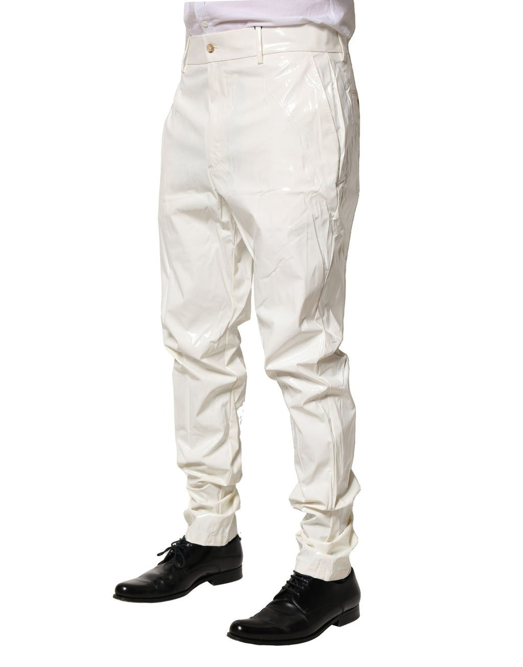 Pantalons homme Dolce & Gabbana en nylon blanc, coupe tapered, style élégant et moderne.