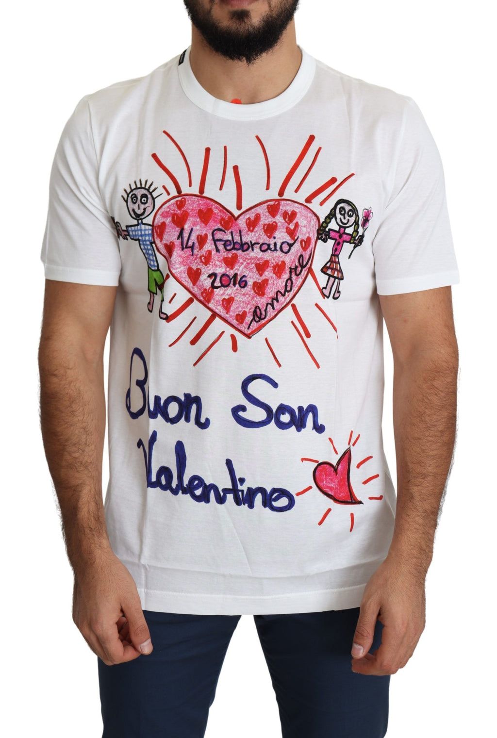 T-shirt blanc pour homme Dolce & Gabbana avec motif de cœurs Saint Valentin, impression graphique élégante.