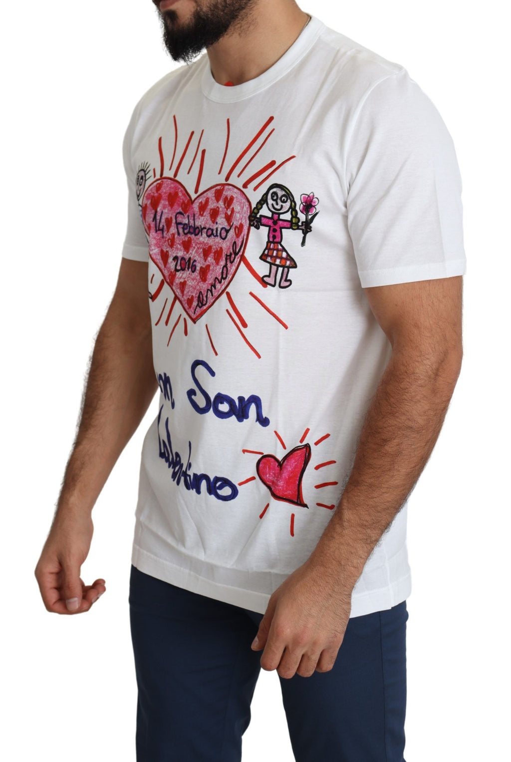 T-shirt blanc pour homme Dolce & Gabbana avec imprimé de cœurs Saint Valentine, style élégant et graphique.