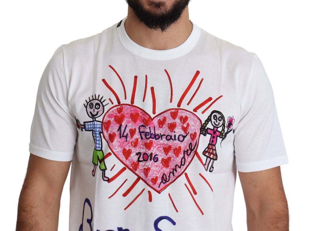 T-shirt blanc pour homme Dolce & Gabbana avec imprimé de cœurs Saint Valentine, style élégant et graphique.