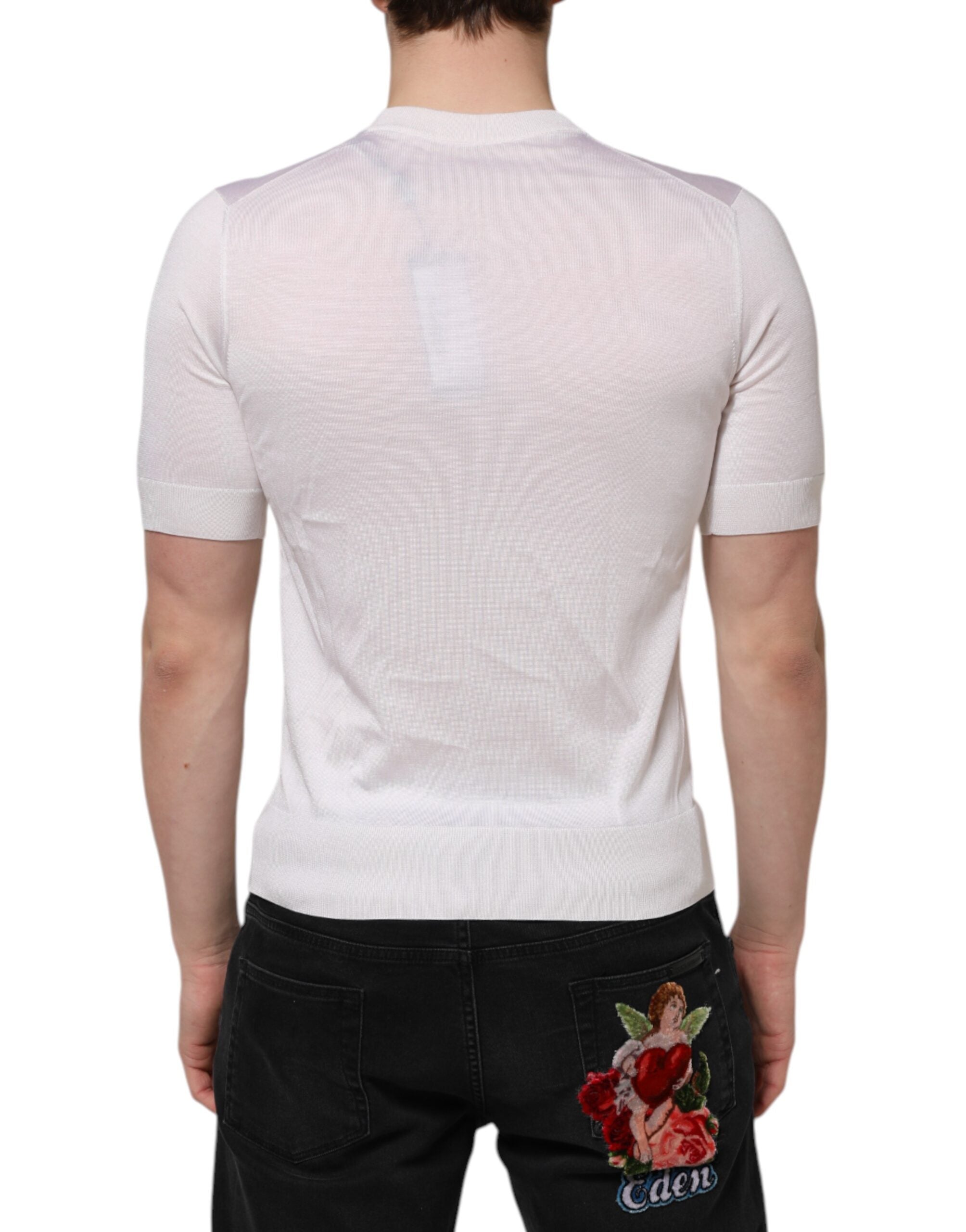 T-shirt homme à manches courtes en soie blanche de Dolce & Gabbana, style Henley, élégant et confortable.