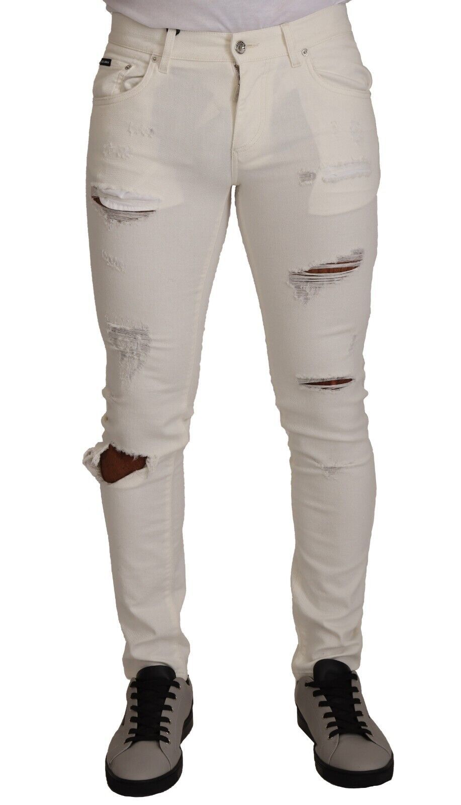 Jeans homme Dolce & Gabbana skinny en coton blanc déchiré, style décontracté et tendance avec finition usée.