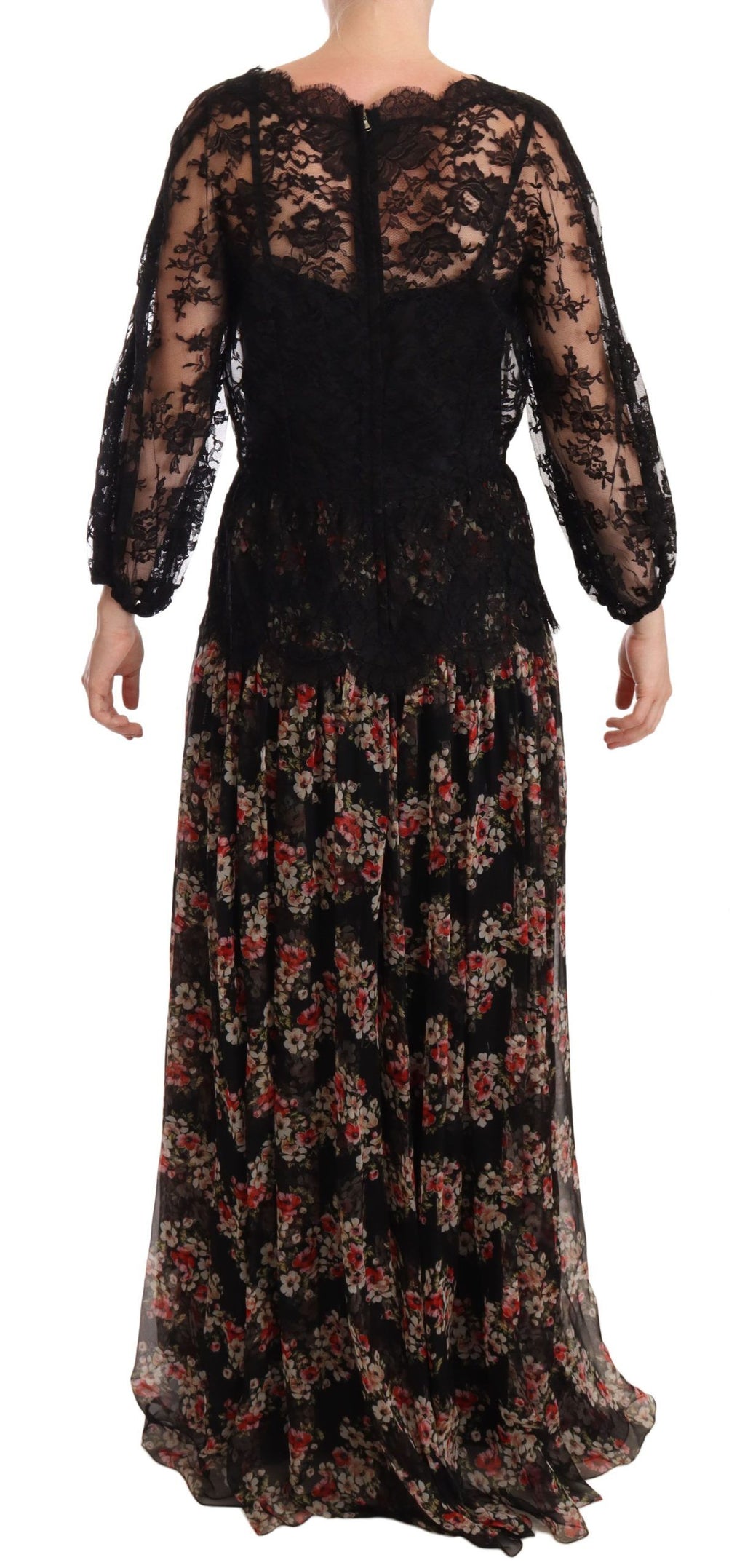 Robe longue maxi Dolce & Gabbana en dentelle noire avec motifs floraux et pois, élégante et sophistiquée.