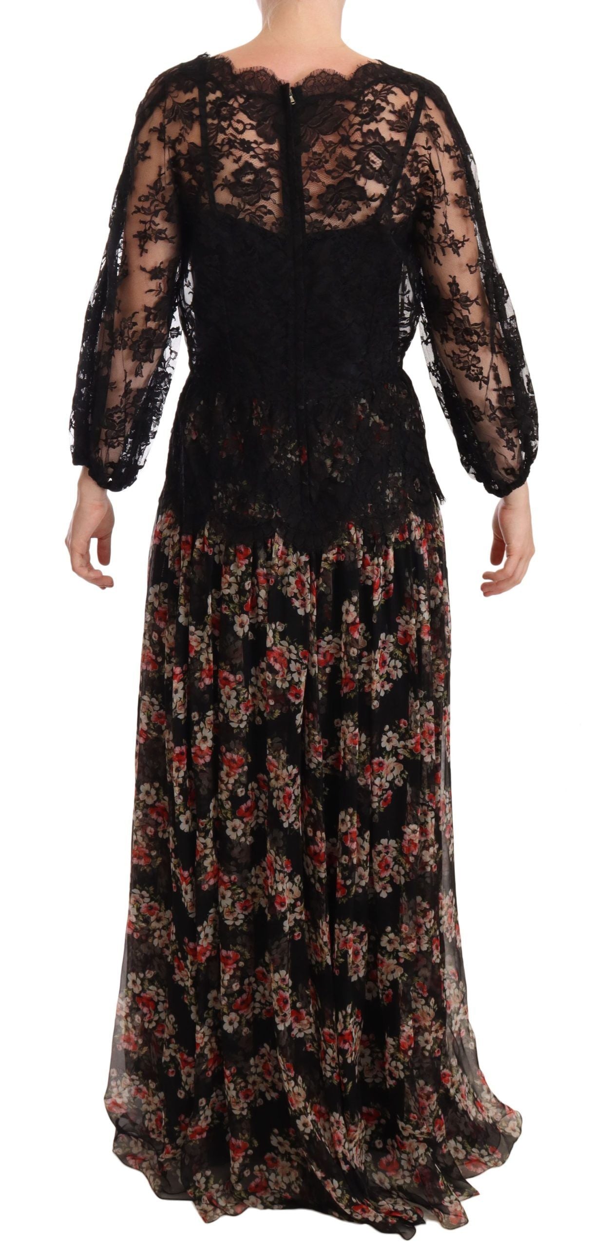 Robe longue maxi Dolce & Gabbana en dentelle noire avec motifs floraux et pois, élégante et sophistiquée.