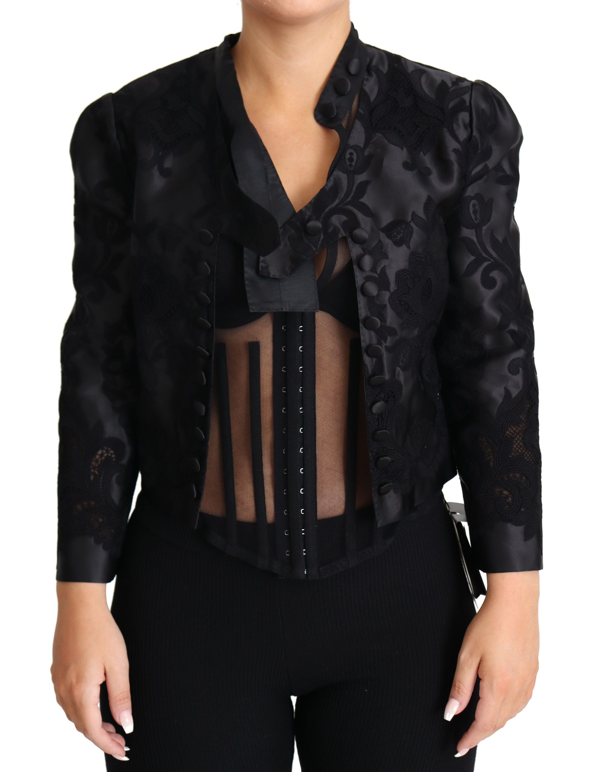 Veste en organza de soie noire avec corset en dentelle transparente Dolce & Gabbana, élégante et sophistiquée.