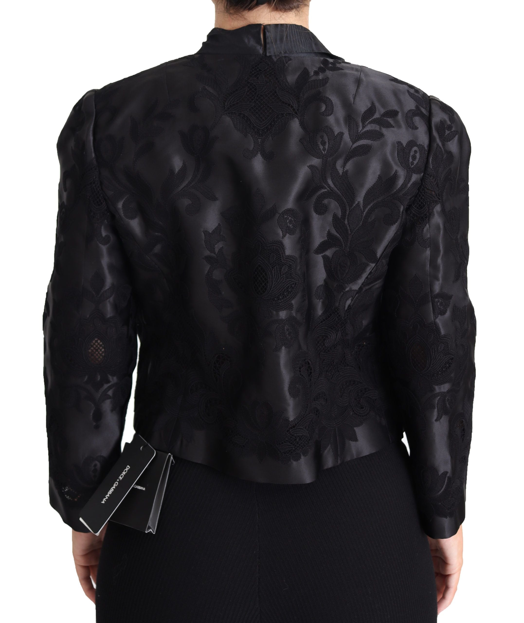 Veste en soie et organza noire Dolce & Gabbana avec corset en dentelle transparente et détails élégants.