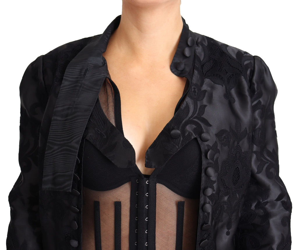 Veste en soie et organza noire, corset en dentelle transparente Dolce & Gabbana, élégante et raffinée.