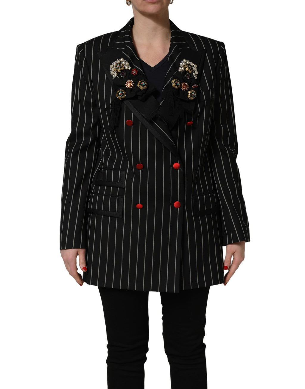 Blazer noir à rayures Dolce & Gabbana à doubles boutons, veste élégante pour homme ou femme, détail sophistiqué.
