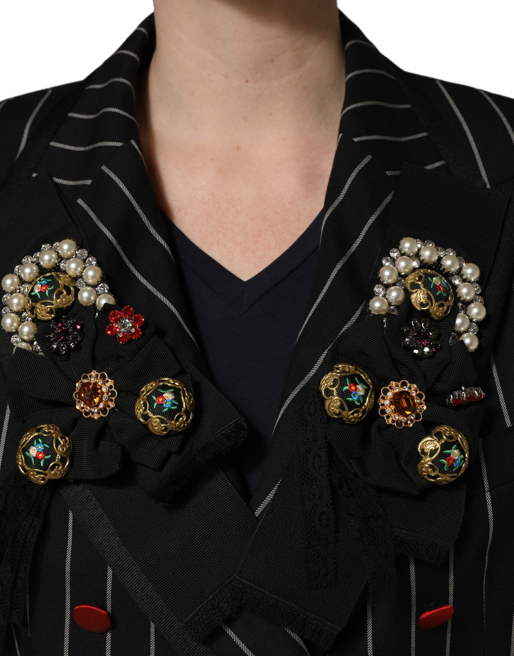 Veste blazer Dolce & Gabbana noire à rayures double-boutonnage, style élégant et moderne avec col cranté.