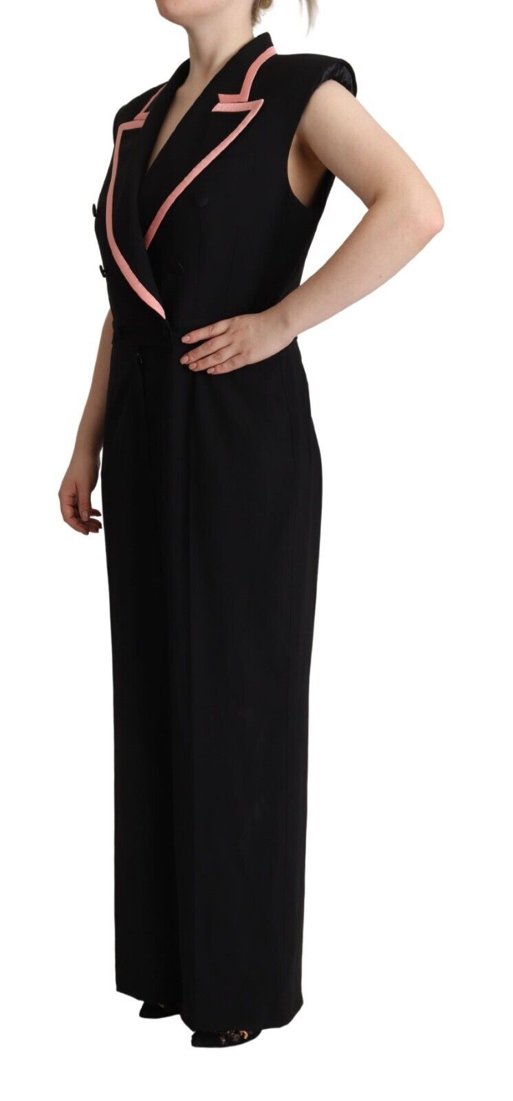 Robe combishort noire en laine mélangée sans manches de Dolce & Gabbana, vue de face.