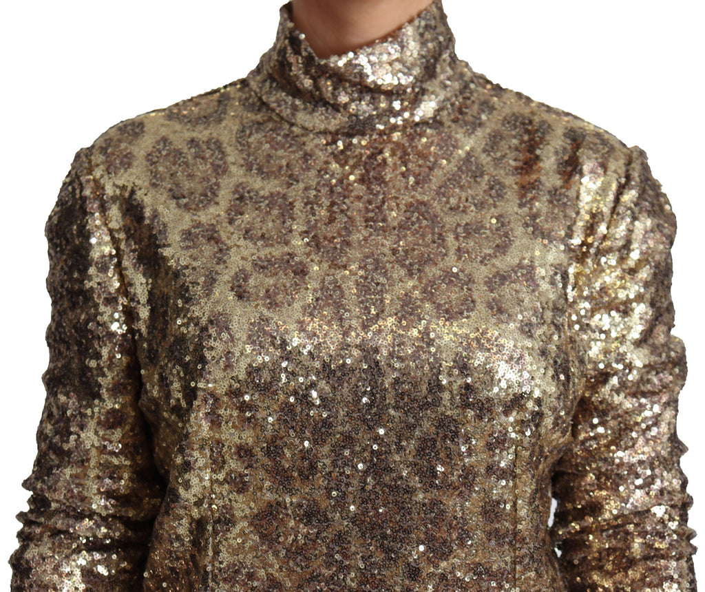 Pull encolure roulée Dolce & Gabbana en sequins marron à motif léopard, coupe ajustée et style élégant.