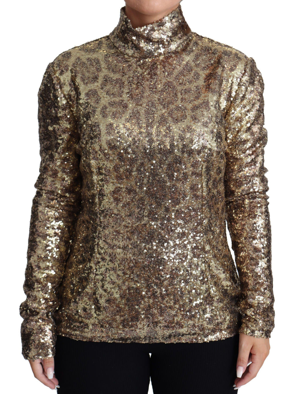 Pull en col roulé Dolce & Gabbana à sequins, motif léopard marron, tissu ajusté, élégant et tendance.