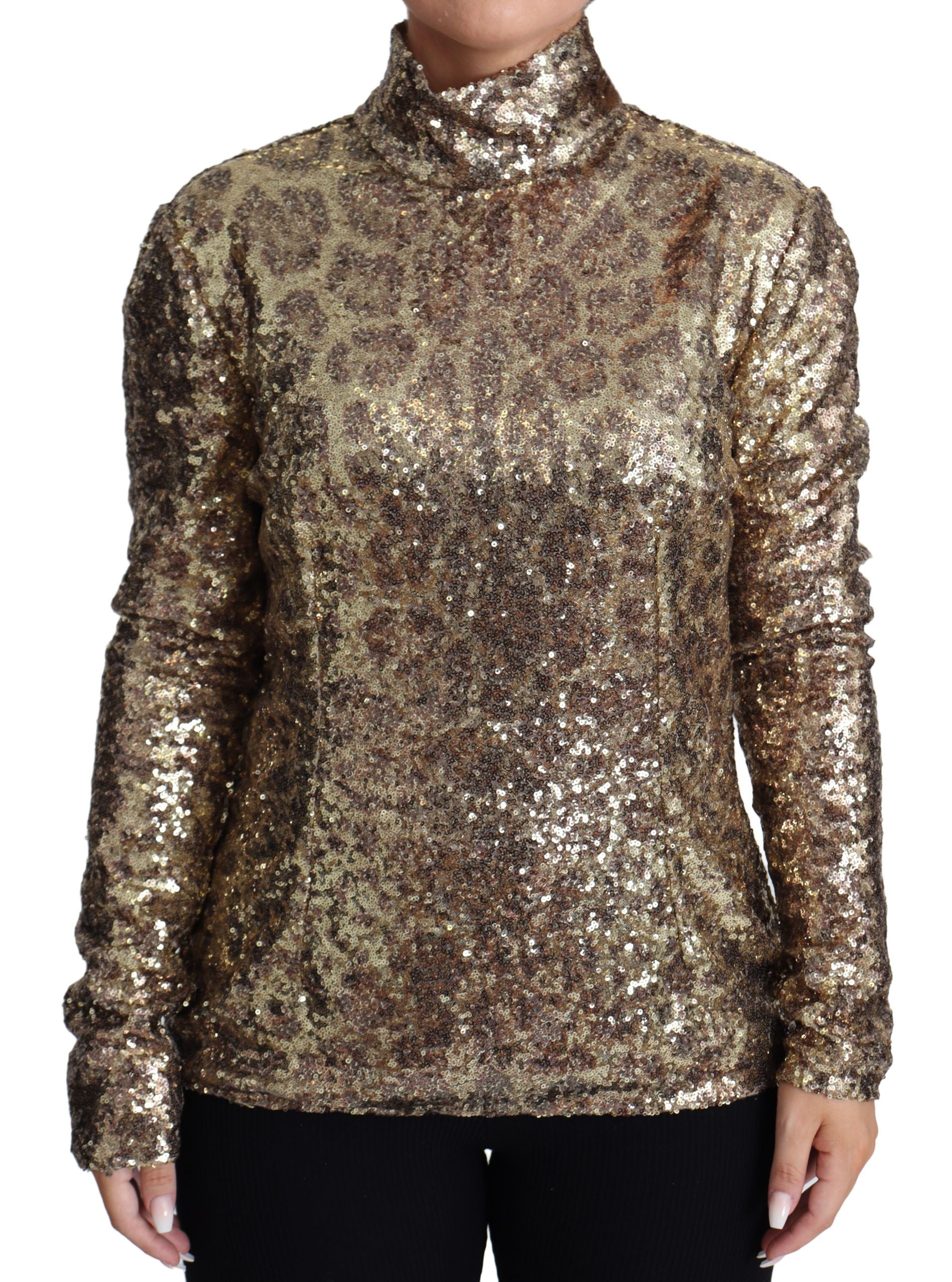 Pull en col roulé Dolce & Gabbana à sequins, motif léopard marron, tissu ajusté, élégant et tendance.