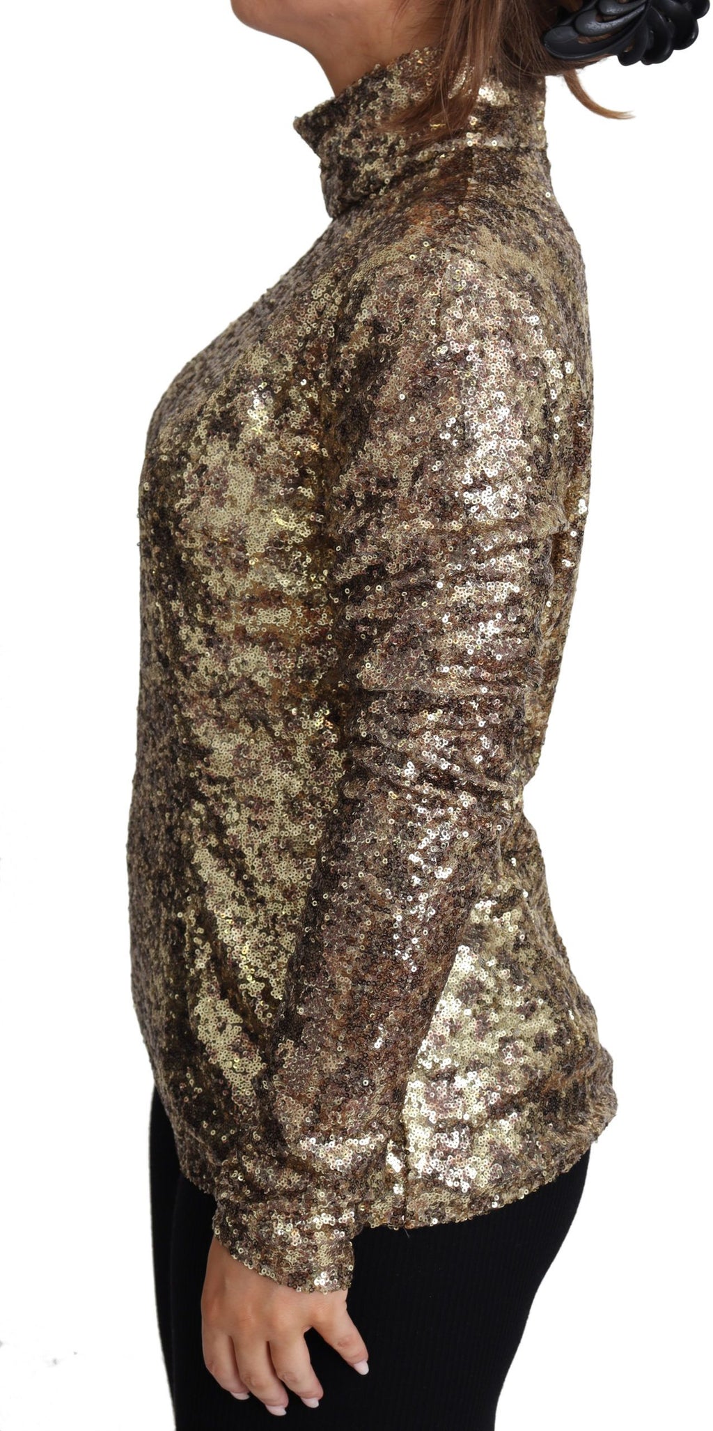 Pull en maille Dolce & Gabbana marron à motif léopard, col roulé et sequins, style élégant et tendance.