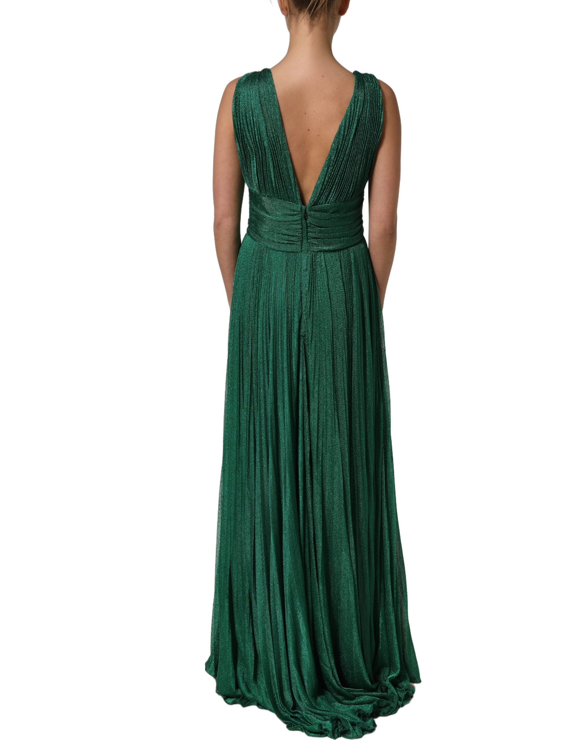 Robe de soirée plissée vert émeraude Dolce & Gabbana, élégante robe longue pour occasion spéciale.