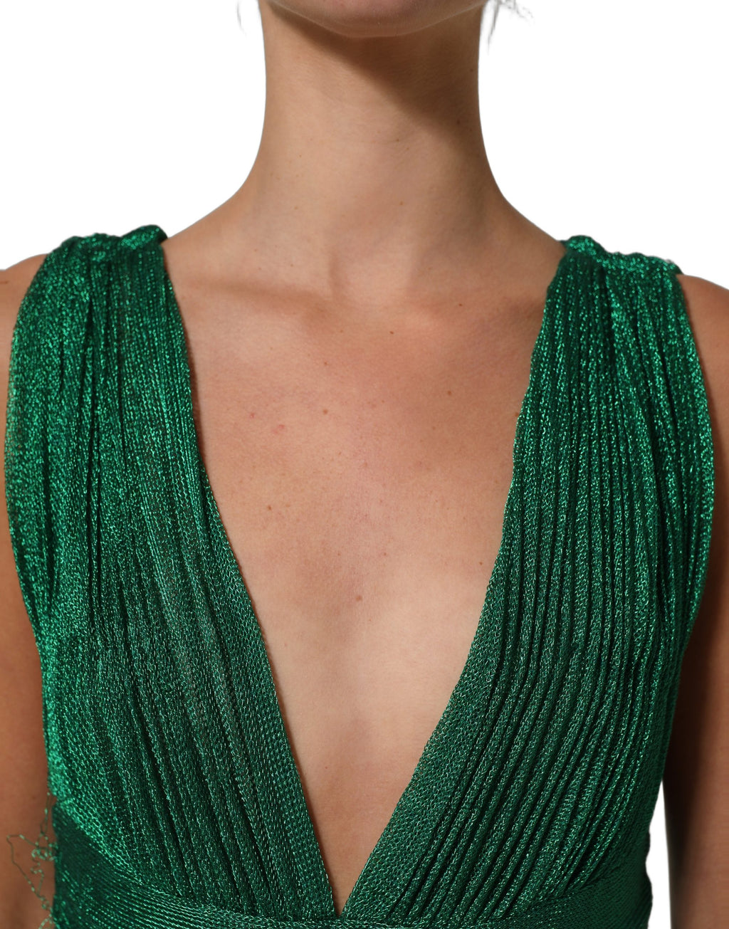 Robe de soirée plissée vert émeraude Dolce & Gabbana, élégante robe longue avec détails sophistiqués.