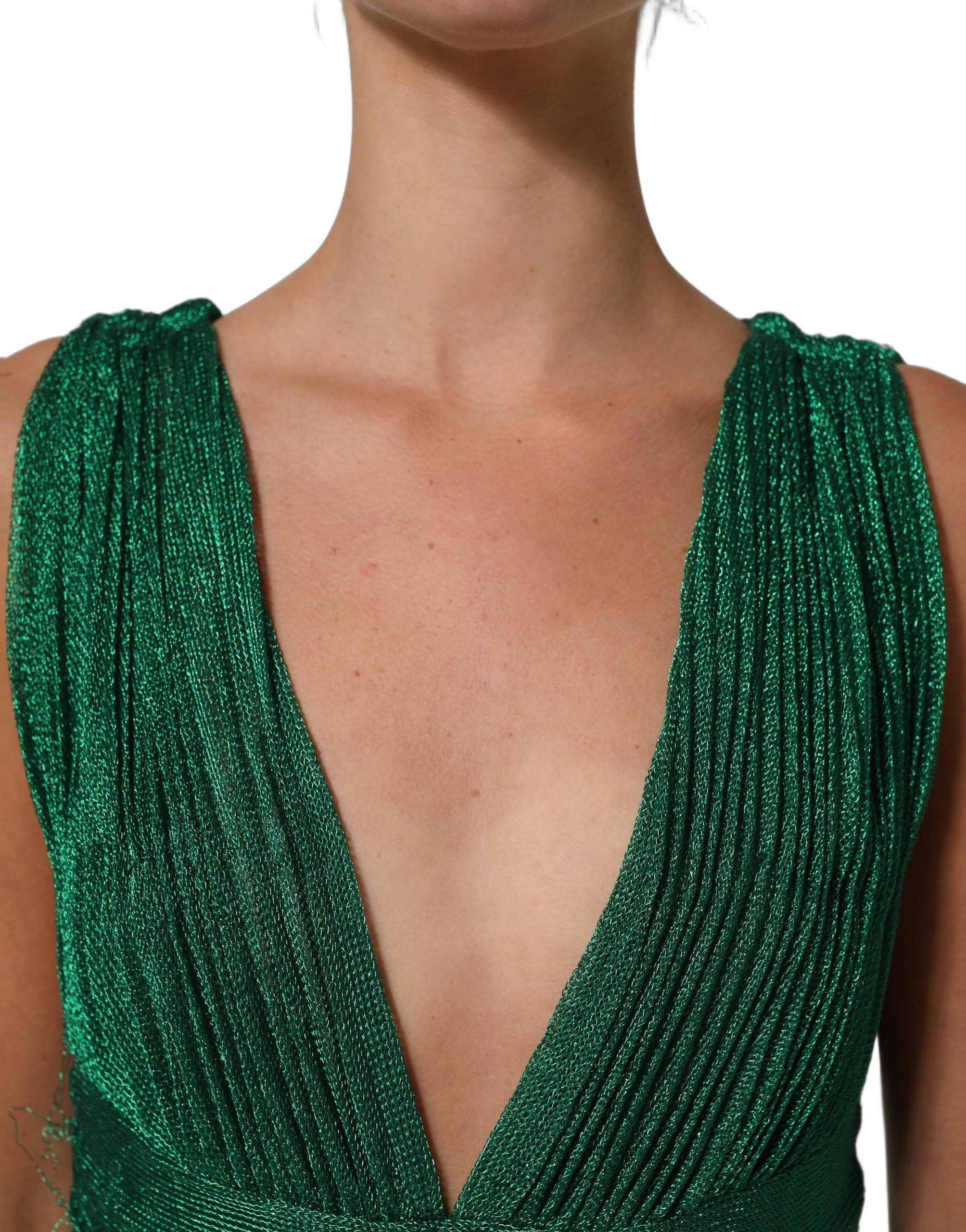 Robe de soirée plissée vert émeraude Dolce & Gabbana, élégante robe longue avec détails sophistiqués.