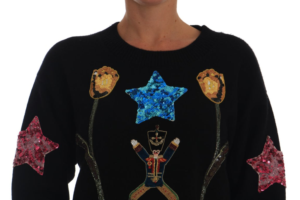 Pull en cachemire noir Dolce & Gabbana Fairy Tale Crystal, élégant avec détails en cristaux sur le devant.