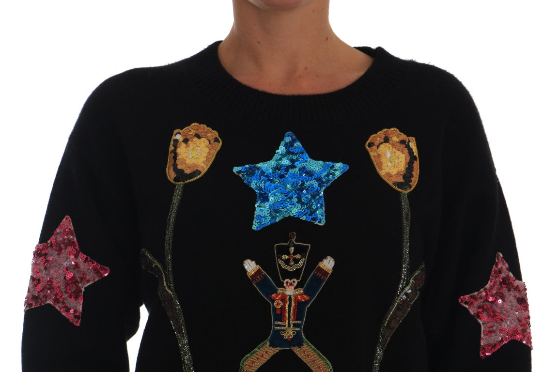 Pull en cachemire noir Dolce & Gabbana Fairy Tale Crystal, élégant avec détails en cristaux sur le devant.