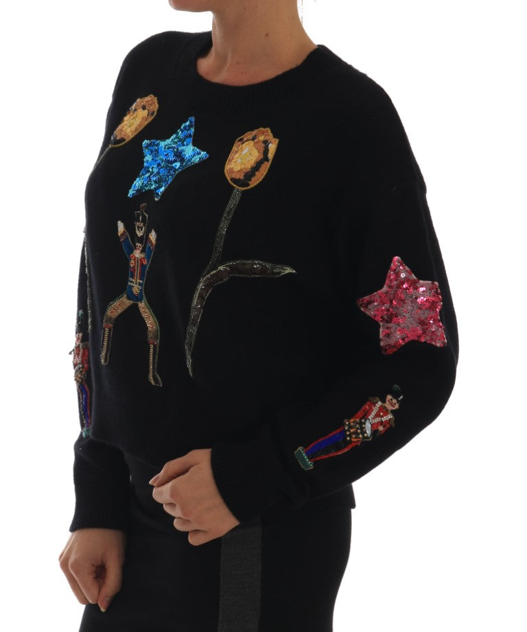Pull en cachemire noir Dolce & Gabbana Fairy Tale Crystal avec détails en cristal, vue de face.
