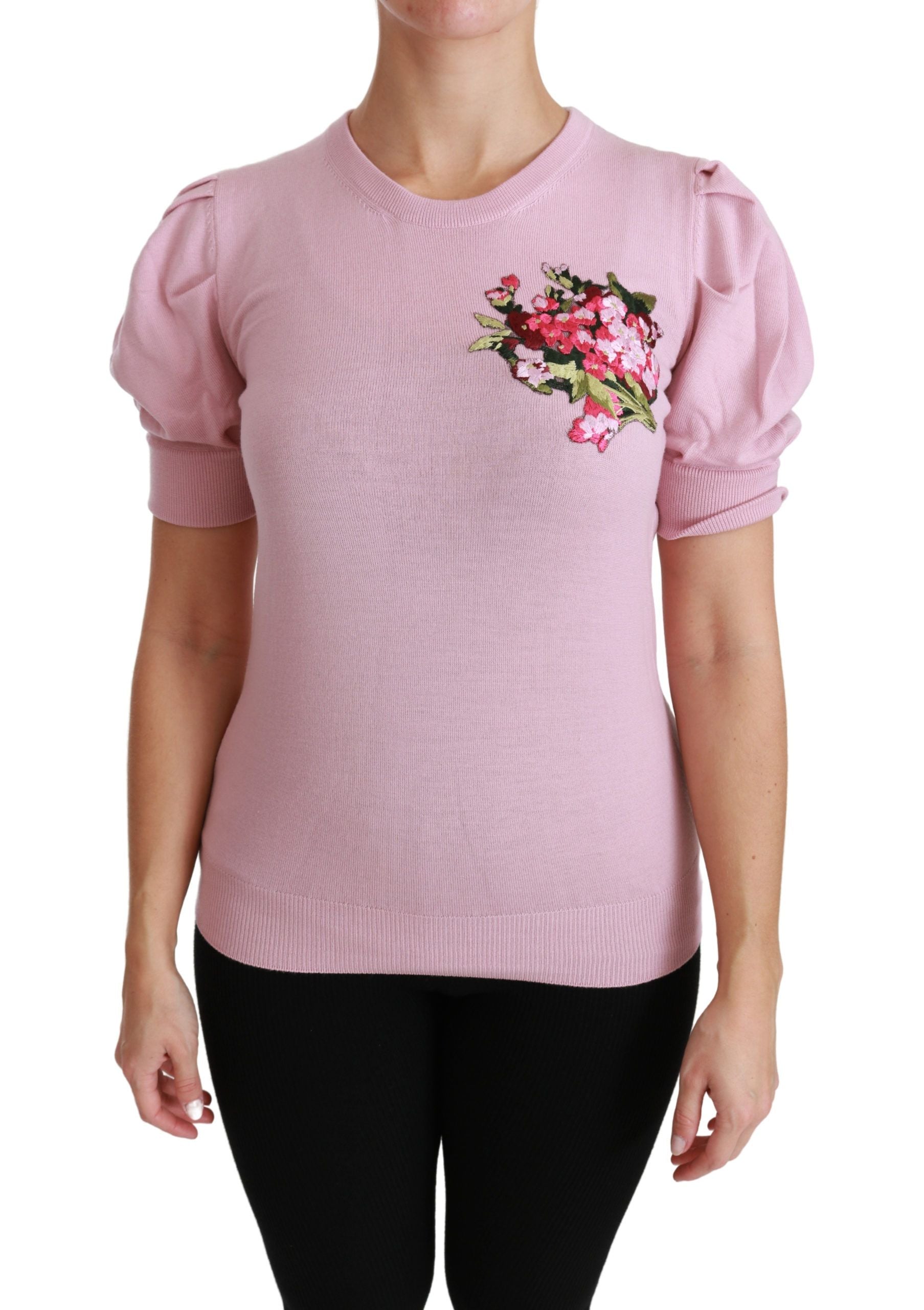 Chemise en laine Dolce & Gabbana à broderie florale rose, élégante blouse ornée de motifs floraux colorés.