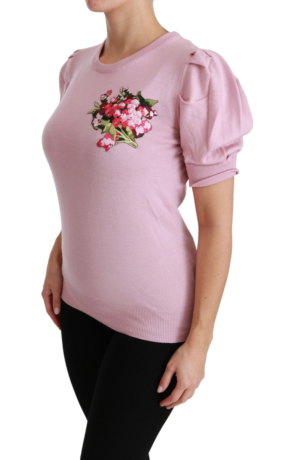Blouse en laine rose à broderie florale Dolce & Gabbana, haut élégant avec détails délicats.