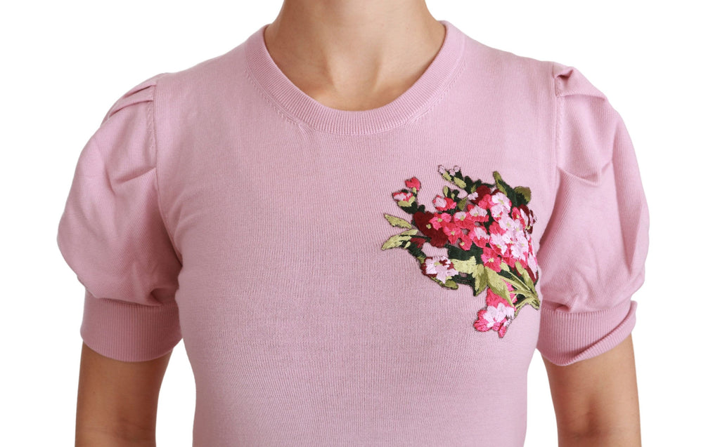 Blouse en laine rose à fleurs brodées de Dolce & Gabbana, vêtement élégant avec motifs floraux détaillés.