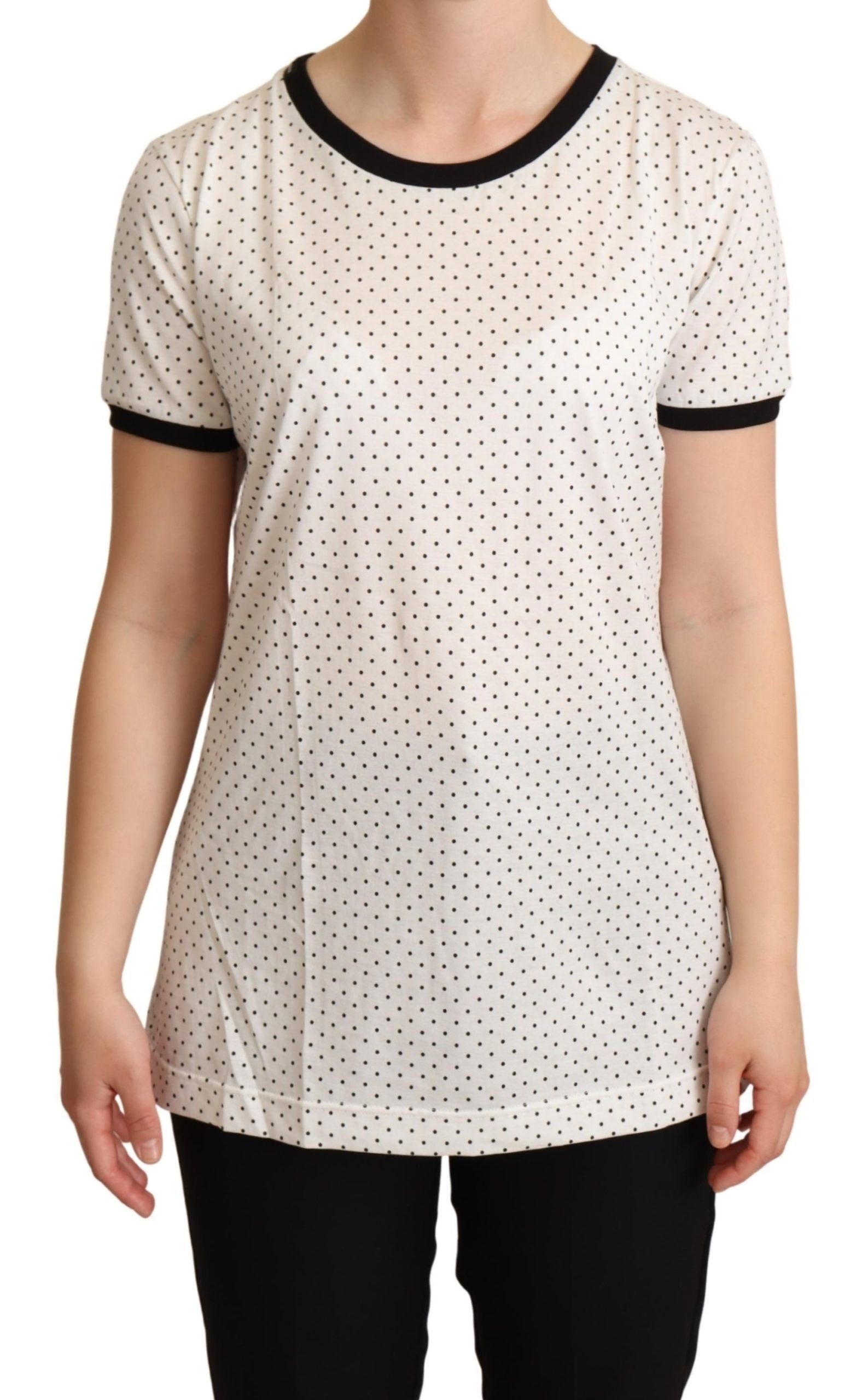 T-shirt blanc à pois Dolce & Gabbana en coton avec col ras du cou, vue de face, détail des motifs à pois sur le devant.