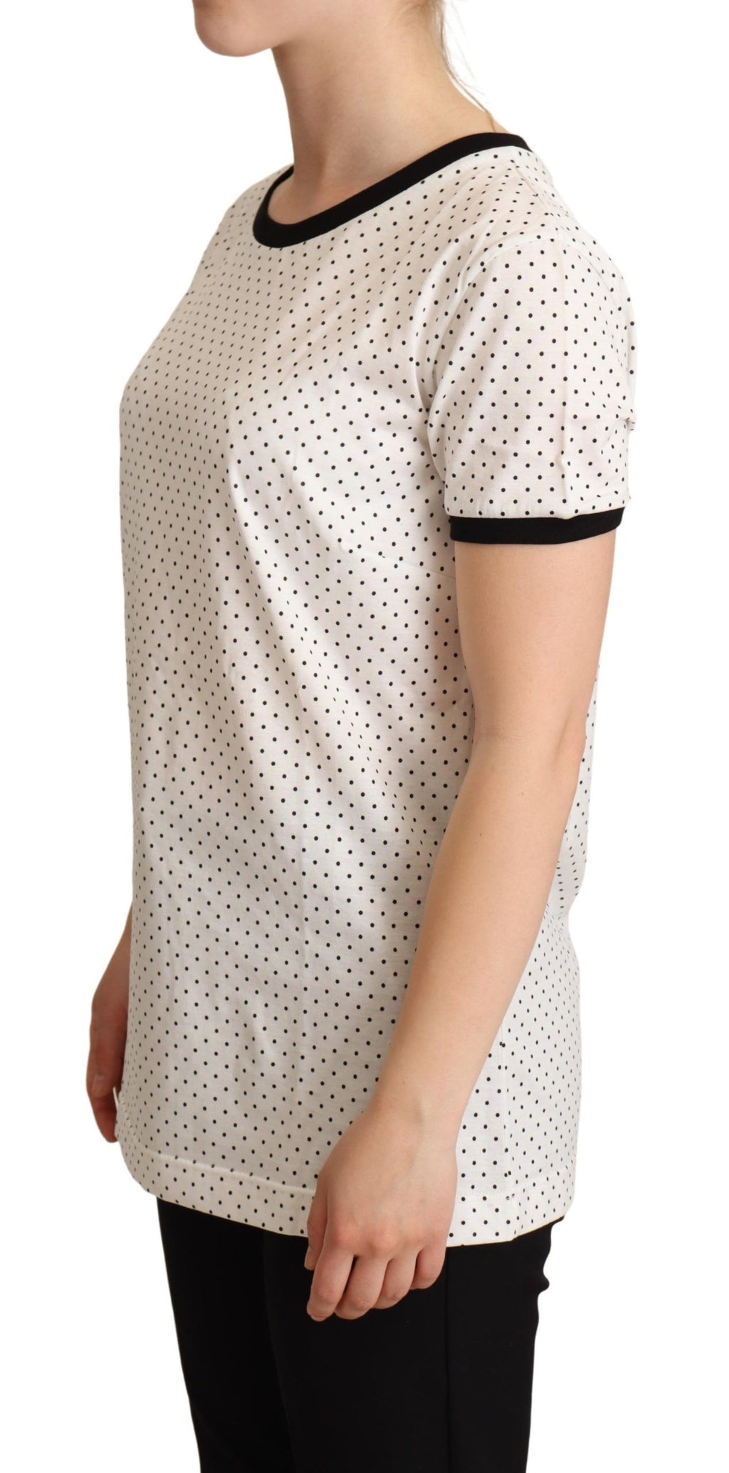 T-shirt blanc à pois Dolce & Gabbana en coton avec col ras du cou, vue de face.