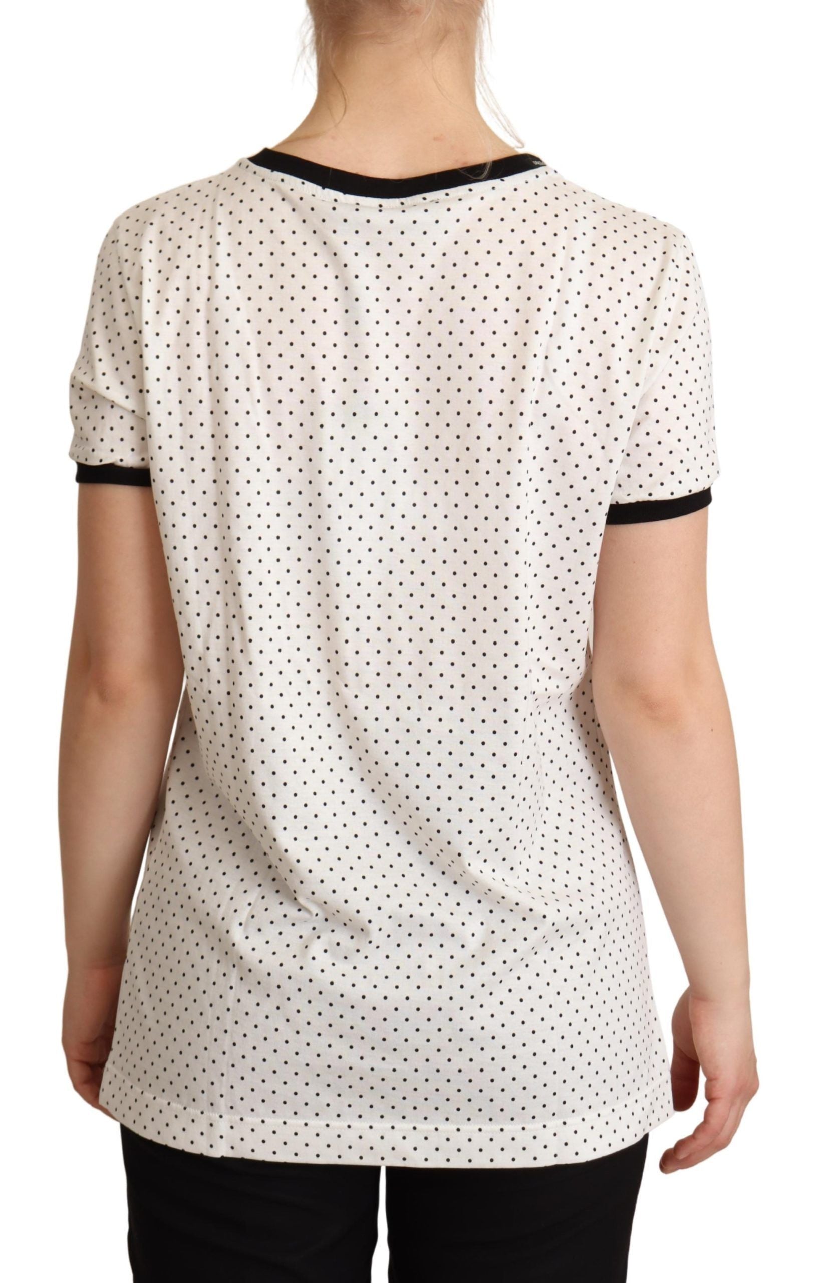 T-shirt blanc en coton Dolce & Gabbana à pois, col rond, style décontracté, image montrant le devant du vêtement.